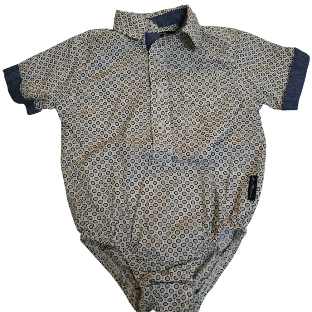 Ben Sherman Boys Geometric Print Short Sleeve Bodysuit Blue Chambray Trim 6-9M